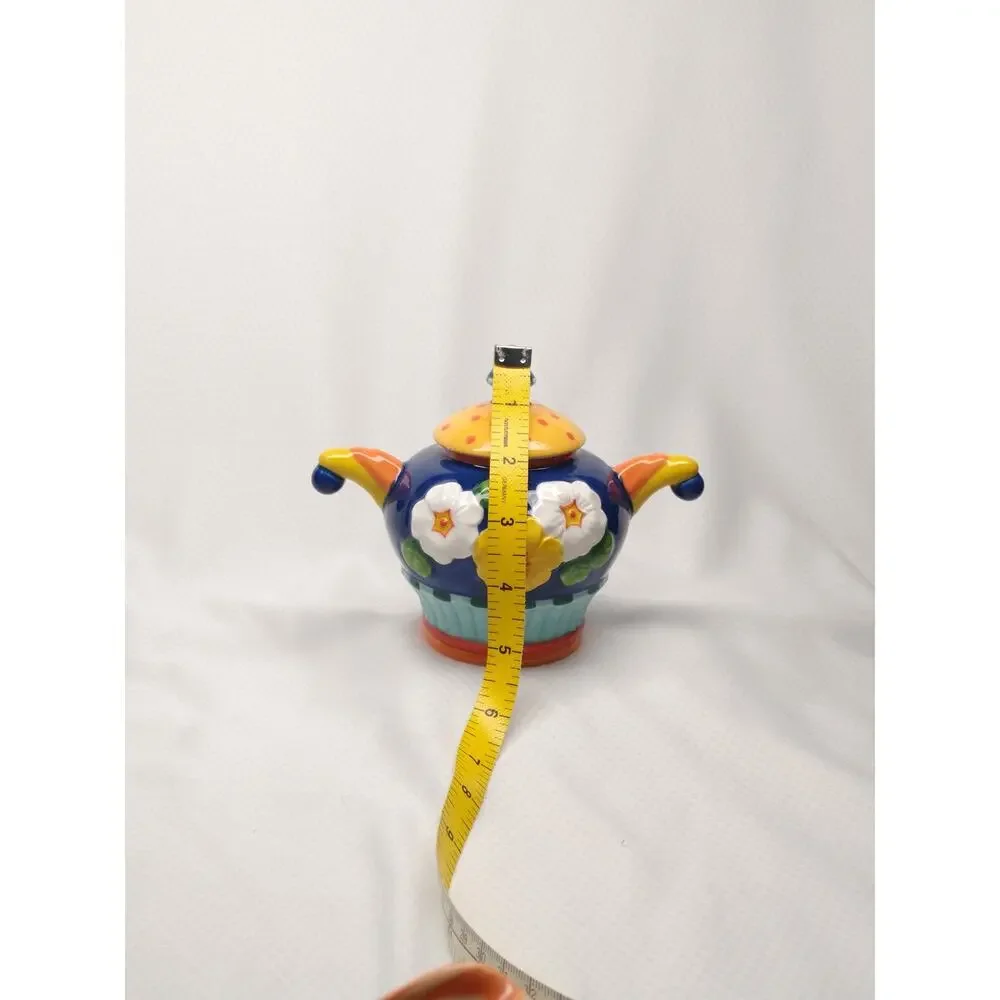 Department 56 Primrose Sugar Creamer Set Floral 3D Blue Yellow 1990s Vintage